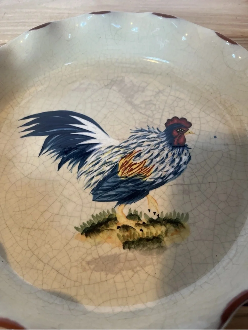 Rooster Pie Plate Dish 10” Scalloped Edge Farmhouse Cottage Core Rustic
